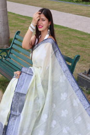 Pure Linen Zari woven saree with Contrast Border & Pallu - Cream