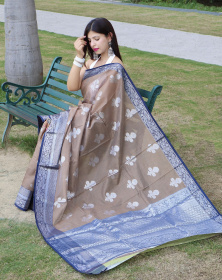 Pure Linen Zari woven saree with Contrast Border & Pallu - Light Brown