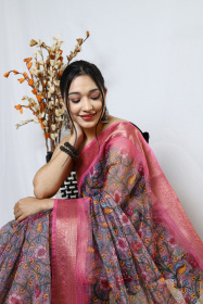 Organza kalamkari printed saree with jacquard weaving border - Pink