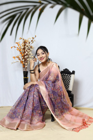 Organza kalamkari printed saree with jacquard weaving border -Lavender