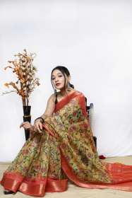 Organza kalamkari printed saree with jacquard weaving border - Yellow
