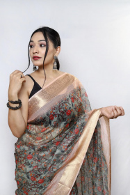 Organza kalamkari printed saree with jacquard weaving border - Pista