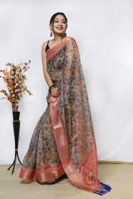 Organza kalamkari printed saree with jacquard weaving border - Mehandi