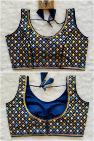 Embroidered Phantom Silk Designer Blouse - Navy Blue(XS)