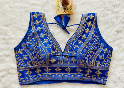 Embroidered Phantom Silk Designer Blouse - Blue(XS)