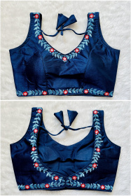 Embroidered Phantom Silk Designer Blouse - Navy Blue