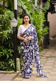 Pure Soft georgette Printed saree with mirror Work - Navy Blue