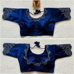 Phantom Silk Embroidered Designer Blouse - Navy Blue