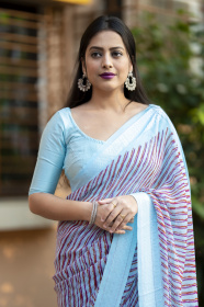Pure Soft georgette Lehariya Printed saree with Woven border - Blue