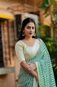 Pure Soft georgette Lehariya Printed saree with Woven  border - Green