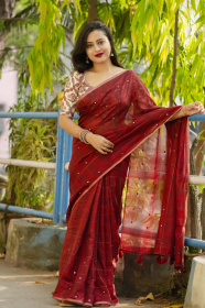 Pure Linen Silk Saree with Embroidery work - Maroon