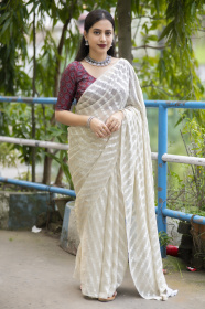 Silver Zari Lehariya woven Pure soft Georgette saree -  Off White