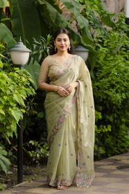 Soft Organza Designer saree with Multi thread Embroidery Work - Green