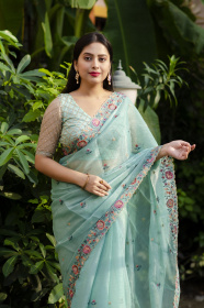 Soft Organza Designer saree with Multi thread Embroidery Work -Blue