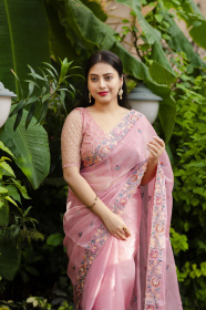 Soft Organza Designer saree with Multi thread Embroidery Work - Pink