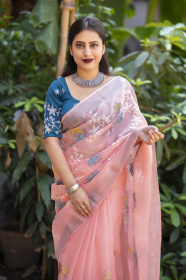 Pure Linen saree with Multi thread Embroidery Work - Pink
