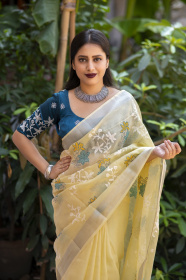 Pure Linen saree with Multi thread Embroidery Work - Yellow