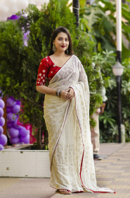 Soft Georgette Designer saree with sequence embroidery work -White