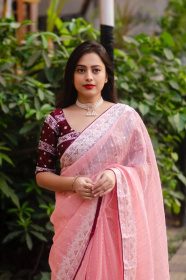 Designer soft Organza saree with Embroidery & Zari Work - Pink