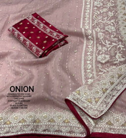 Designer soft Organza saree with Embroidery & Zari Work - Onion