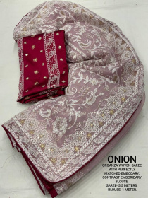 Designer soft Organza saree with Embroidery & Zari Work - Onion