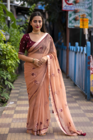 Designer soft Chiffon saree with Embroidery & stone Work - Dusty Brown