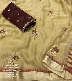 Designer soft Chiffon saree with Embroidery & stone Work -Dusty Yellow