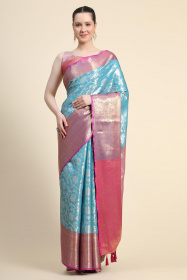 Tissue Silk Saree With Zari Woven Jaal & Contrast Rich pallu  - Blue