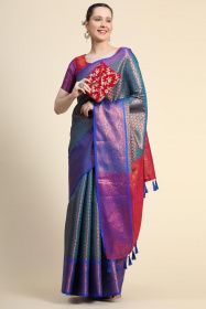 Tissue Silk Saree With Zari Woven Motif & Contrast Rich pallu  - Blue