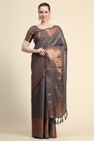 Kanjeevaram Silk Saree with Copper zari Woven &rich pallu - Grey
