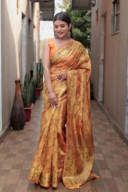 Banarasi Soft Organza Saree with Zari Woven & Rich Pallu  - Yellow
