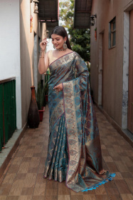 Banarasi Soft Organza Saree with Zari Woven & Rich Pallu  - Blue