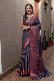 Kanjeevaram Silk Saree with Copper zari Woven &rich pallu - Blue