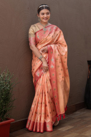 Banarasi Katan Silk Saree with zari woven Motif and Rich Pallu -Peach