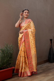 Banarasi Katan Silk Saree with zari woven Motif and Rich Pallu -Yellow