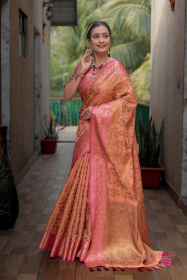 Banarasi Katan Silk Saree with zari woven Motif and Rich Pallu -Peach