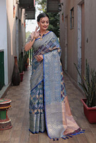 Banarasi Soft Organza Saree with Zari Woven & Rich Pallu  - Blue