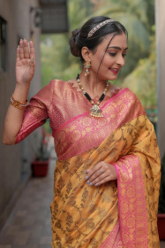 Banarasi Katan Silk Saree with zari woven Motif and Rich Pallu -Yellow
