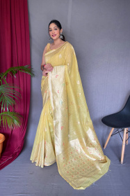 Pure Cotton Saree With Meenakari Woven Border and Rich Pallu -Yellow