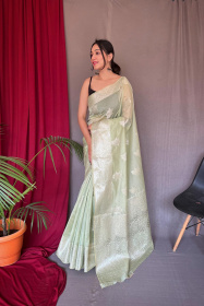 Pure Cotton Saree With Gold Zari Woven Border and Rich Pallu -Green