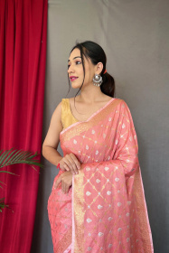 Pure Cotton Saree With Motif Zari Woven Border and Rich Pallu -Pink