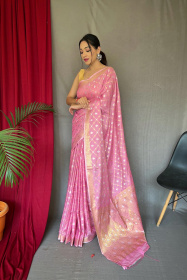 Pure Cotton Saree With Motif Zari Woven Border and Rich Pallu -Pink