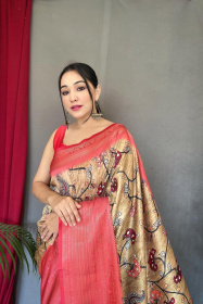 Banarasi Silk Saree with 3D Kalamkari Print attached by tassels -Cream