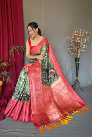 Banarasi Silk Saree with 3D Kalamkari Print attached by tassels -Green