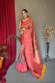Banarasi Silk Saree with 3D Kalamkari Print attached by tassels -Pink