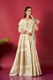 Pure Soft Linen Saree With Zari Woven border and Rich Pallu -Cream