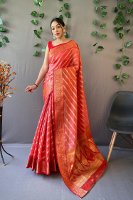 Banarasi Organza Saree with Zari Leheriya Weave & Rich Pallu  - Red