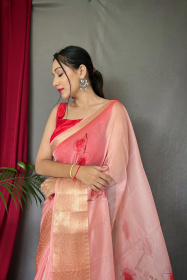 Organza Digital Printed Saree With Zari Woven and Rich Pallu - Pink
