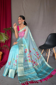 Organza Digital Printed Saree With Zari Woven and Rich Pallu - Blue