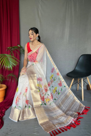 Organza Digital Printed Saree With Zari Woven and Rich Pallu - White